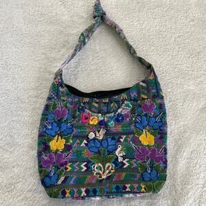 Eucalyptus Tote Bag Purse Colorful Embroidered Floral Birds Made in Guatemala